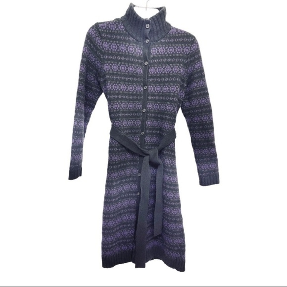 LRL Fair Isle Longline Cardigan Wool/Angora black Purple Belted Small